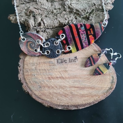 Collier patchwork linéaire et effet cuir en polymère