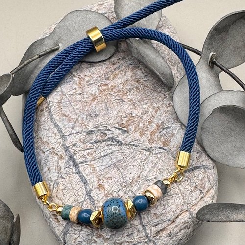 Bracelet réglable cordon torsadé & perles