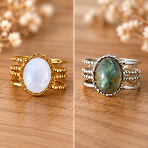 Bague nacre blanche ou labradorite - acier inoxydable