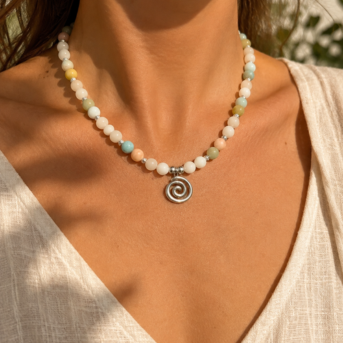 Collier jade blanc & béryls - pierres naturelles grade a