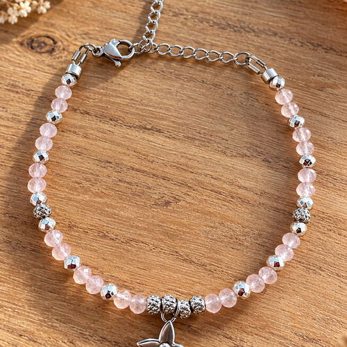 Bracelet rosélia – quartz rose naturel facetté 3 mm – acier inoxydable argenté – bracelet fin femme