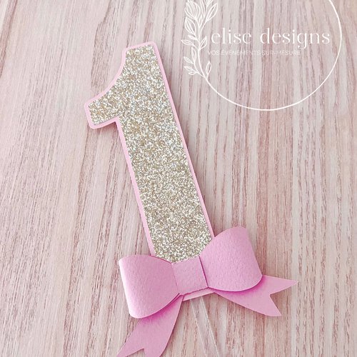 Décoration pour gâteau d’anniversaire 1 an noeud rose et dorée  | thème noeud élégant et paillettes