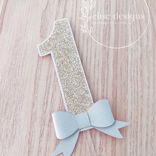 Décoration pour gâteau d’anniversaire 1 an noeud bleu et dorée | thème noeud élégant et paillettes