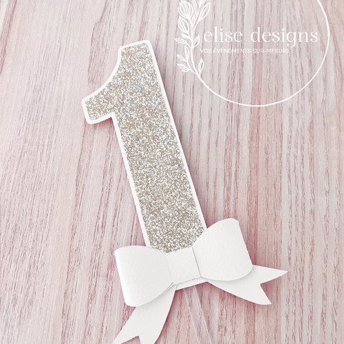 Décoration pour gâteau d’anniversaire 1 an noeud blanc et dorée | thème noeud élégant et paillettes