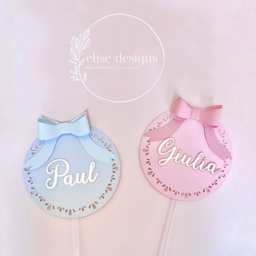 Cake topper prénom personnalisé décoration de gâteau baptême, anniversaire, baby shower | thème noeud élégant et dentelle
