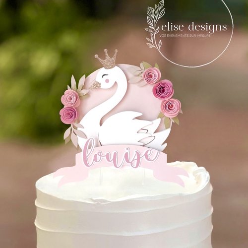 Cake topper prénom personnalisé décoration de gâteau anniversaire, baby shower | thème cygne majestueux