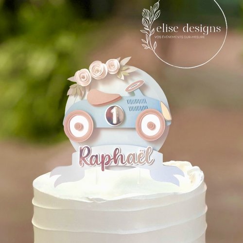 Cake topper prénom personnalisé décoration de gâteau anniversaire, baby shower | thème voiture rétro bleue avec fleurs