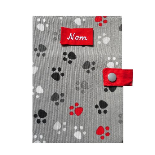 Housse de carnet de santé/passeport pour animaux de compagnie chien chat nac rongeur empreintes de pattes rouge blanc gris nom bro