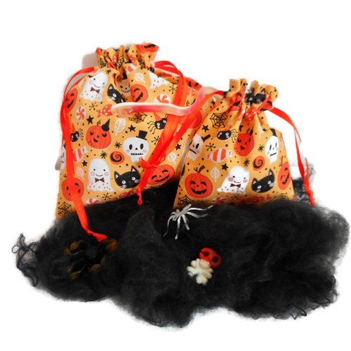 Duo sacs à friandises bonbons halloween, sacs coton citrouilles fantômes et chats noirs, pochons cadeau tissu