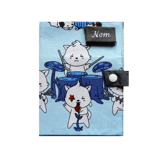 Protège carnet de santé pour chats, etui de passeport, chats punk rock en concert bleu et gris, accessoire nom brodé