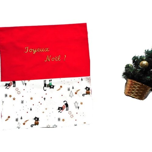 Noël zéro déchet, sac cadeau en tissu, pochon pour chat, nom brodé, "joyeux noël + nom", coton chats noirs d'hiver