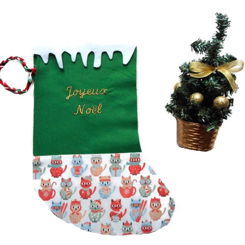 Chaussette de noël, décoration en feutrine verte pour chat, cadeau personnalisé, coton chats au ski, broderie "joyeux noël + nom"