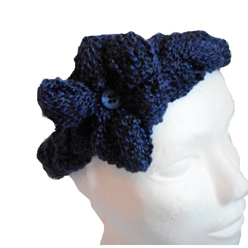 Headband tressé et fleur, maille bleu foncé, bandeau cheveux tressé, headband hiver, accessoire cheveux femme