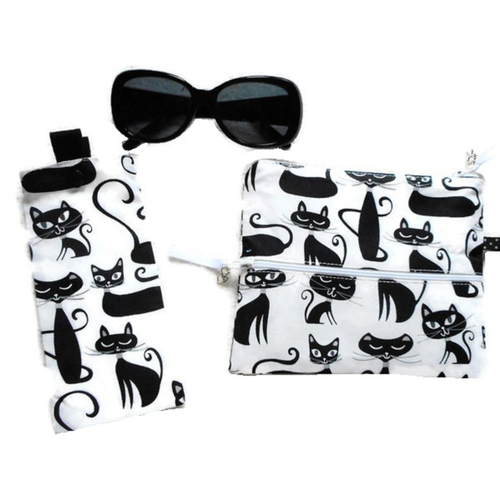 Etui à lunettes et pochette plate chats noirs, trousse rangement en coton pour femme homme accessoire chat, cadeau anniversaire