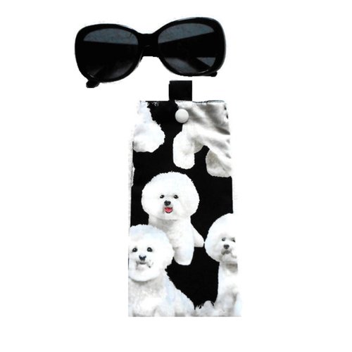 Etui à lunettes soleil ou vue, chiens bichons blancs fond noir, cadeau homme ou femme, rangement pochon lunettes