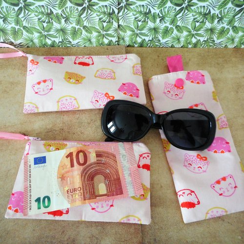 2 pochettes et etui à lunettes, têtes de chat rose, rangements, cadeau femme maman fête des  mères