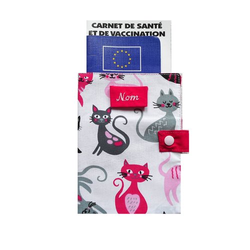 Protège carnet de santé pour chat, etui passeport, chats roses fuchsia gris noirs, range ordonnance