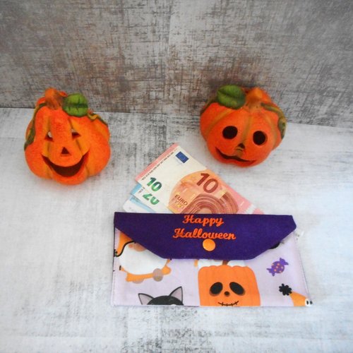 Happy halloween, enveloppe tissu, pochette cadeau, porte-billet, coton gnome citrouille chat noir halloween, cadeau enfant homme femme