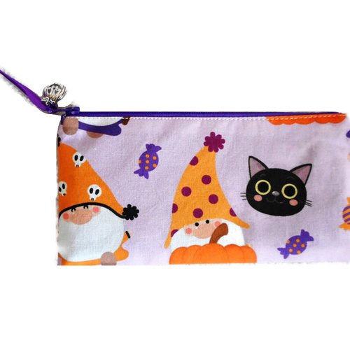 Trousse halloween, cadeau enfant femme homme, coton gnomes orange violet chats noirs et citrouilles, pochette rangement