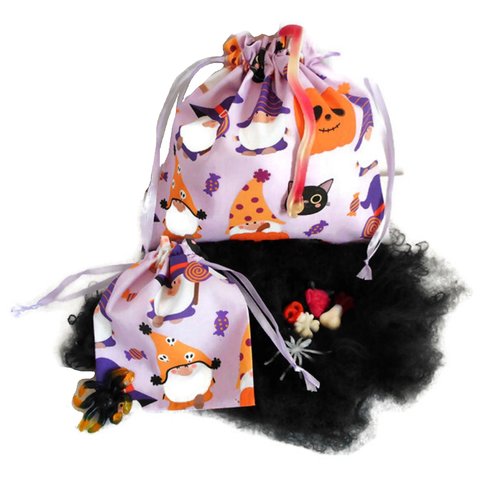 2 sacs bonbons halloween, coton gnomes chats noirs et citrouilles, pochons à friandises halloween, sacs enfant, pochons cadeau tissu