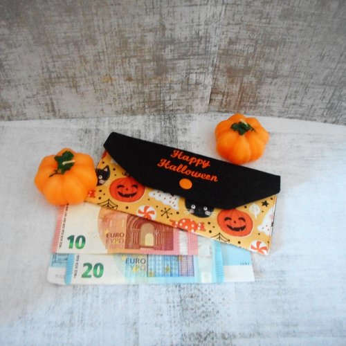 Pochette cadeau halloween, enveloppe tissu, coton citrouille fantôme chat noir, happy halloween, cadeau enfant homme femme