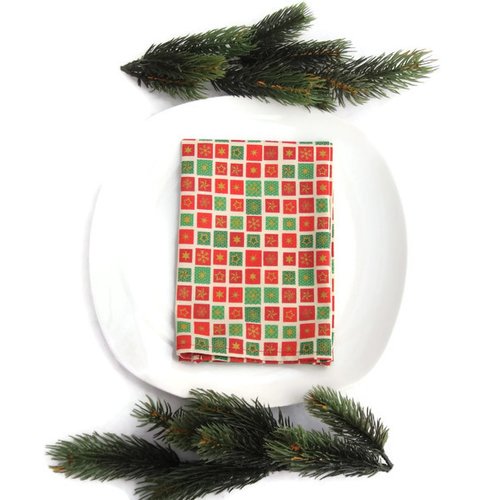 4 serviettes de table noël, carrés rouges et verts etoiles en coton, décoration table noël