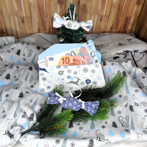 Enveloppe cadeau et bonbons de noël, broderie joyeux noël, coton bleu rennes flocons boules, zéro déchet