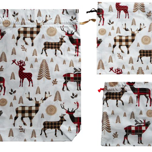 Noël rustique scandinave, 3 pochons cadeaux, rennes elans de noël, marron rouge ecru, sacs coton pochette emballage cadeau tissu