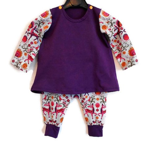Ensemble bébé fille 12 mois, robe tunique et sarouel, cerfs fantastiques, jersey coton et coton biologique