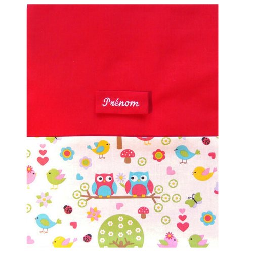 Pochon à doudou ou chaussons, rentrée scolaire, sac ecole enfant fille ou garçon, prénom brodé, coton rouge et chouettes
