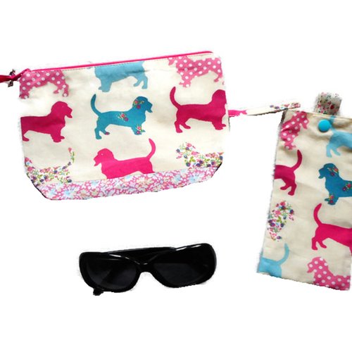 Trousse rangement et etui à lunettes, teckels fleuris rose turquoise, pochette rangement, cadeau femme homme, accessoire chien