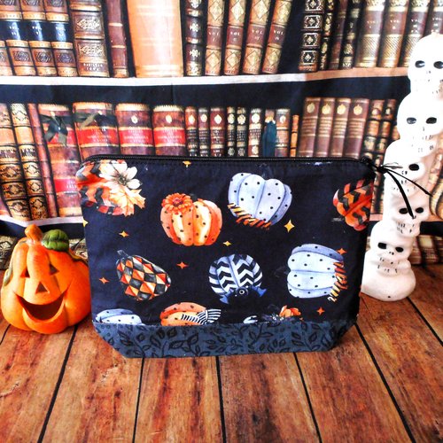 Trousse citrouilles noires grises oranges et feuilles, pochette gothique, trousse femme homme, cadeau accessoire halloween