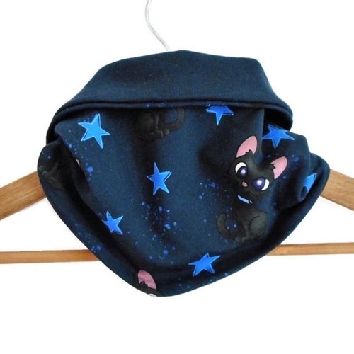 Snood bandana enfant, tour de cou automne, foulard circulaire fille garçon, sweat coton chats noirs, etoiles bleues