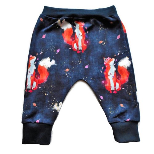 Sarouel fille ou garçon, pantalon bébé 12 mois, sweat coton, renardes fleuries fond bleu