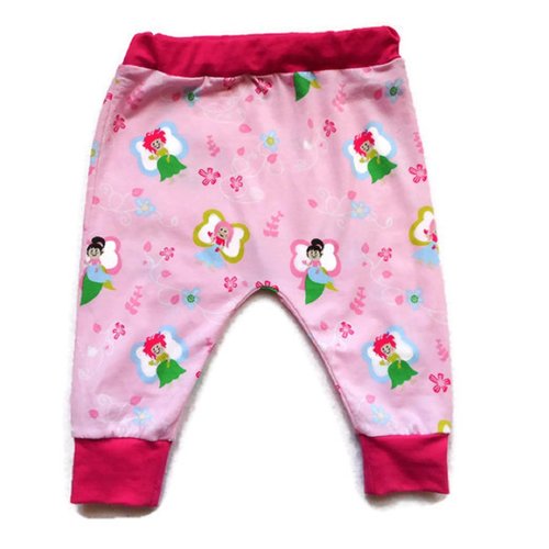 Pantalon bébé, sarouel fille 12 mois, jersey coton biologique, fées rose clair, vêtement bébé