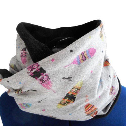 Echarpe circulaire, snood double tour hiver, tour de cou pour femme ou homme, sweat plumes multicolores, polaire noir