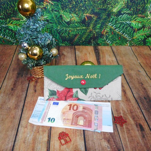 Enveloppe pochette cadeau noël, broderie dorée joyeux noël, tissu oiseaux et poinsettia, porte-billet tissu