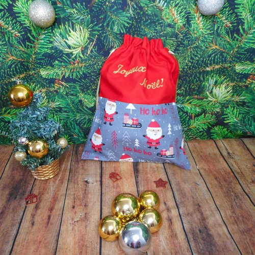 Pochon cadeau coton, père noël hohoho, emballage cadeau tissu, broderie "joyeux noël", sac enfant homme femme