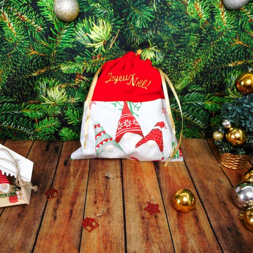 Emballage cadeau noël réutilisable, sac cadeau, broderie "joyeux noël" doré, trio de gnomes, pochon enfant homme femme