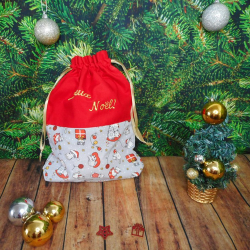Sac cadeau noël, chats et cadeaux, emballage réutilisable tissu, broderie "joyeux noël", pochon enfant homme femme