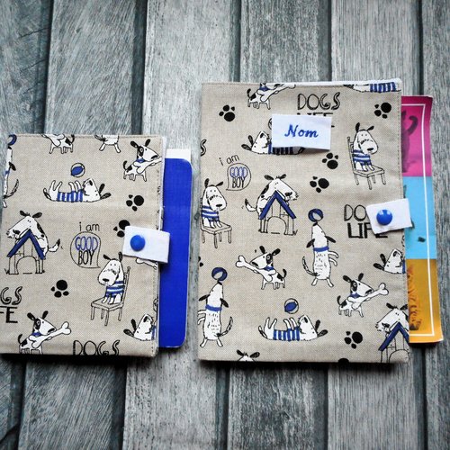 Protège carnet santé pour chien, etui passeport ou range ordonnance, vie de chiens bleu,  nom brodé