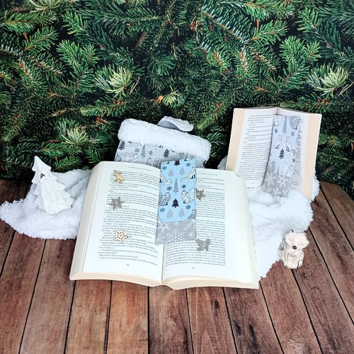 Duo marque-pages, livre broché et livre de poche, coton renards d'hiver, flocons de neige, cadeau lecteur lectrice