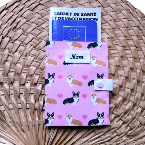 Protège carnet de santé pour chiens, etui passeport ou, range ordonnance, corgis amoureux, nom brodé