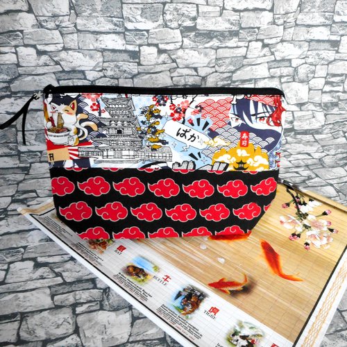 Trousse manga, samouraï chats, nuages rouges, trousse enfant ado adulte, pochette de rangement
