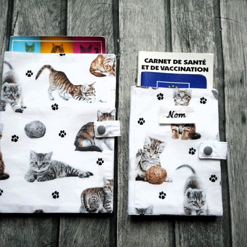 Protège carnet de santé pour chat, housse passeport, range ordonnance, chatons tigrés gris, roux, calico, nom brodé