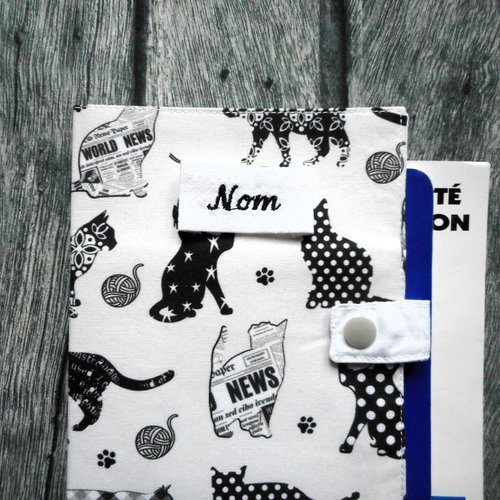 Protège carnet de santé pour chat, etui passeport personnalisé, chats noirs gris pois