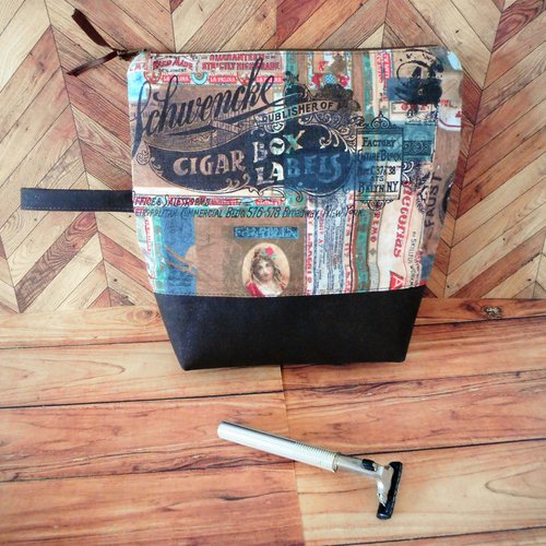 Trousse végan, liège marron foncé, coton boites de cigare rétro, cadeau homme papa, fête des pères, pochette rangement