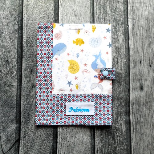 Protège carnet de santé enfant, sirènes et coquillages, etui fille garçon, cadeau naissance bébé prénom