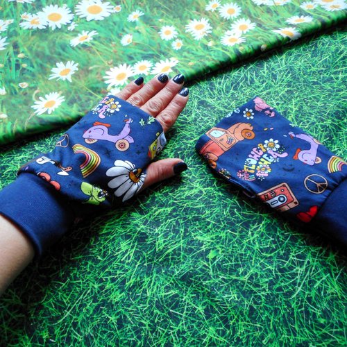 Mitaines hippie, jersey flower power abeilles fleurs combivan, mitaines femme homme, taille m/7