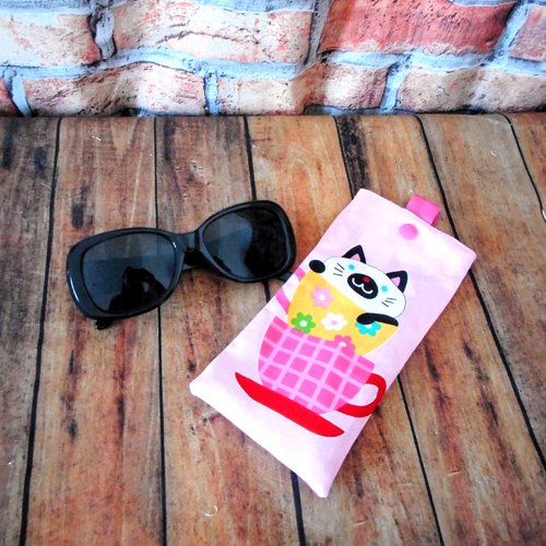 Etui à lunettes, chats dans tasses, rangement pochon lunettes, cadeau homme femme